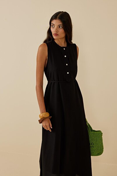 Fahhar Black Placket Linen Dress