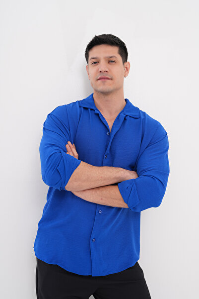 byata.style Erkek Yazlık Gömlek Dokulu Bol Kalıp Oversize Erkek Gömlek Indigo