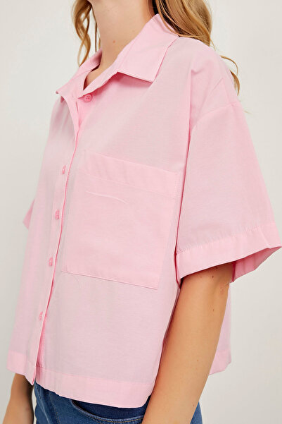 Arma Life Kadın Oversize Kısa Kollu Cepli Crop Pembe Gömlek
