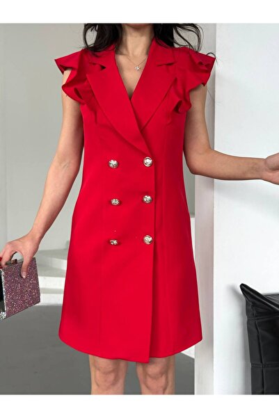 BARG FASHION KADIN CEKET ELBİSE KISA KOLU FIRFIRLI DÜĞMELİ