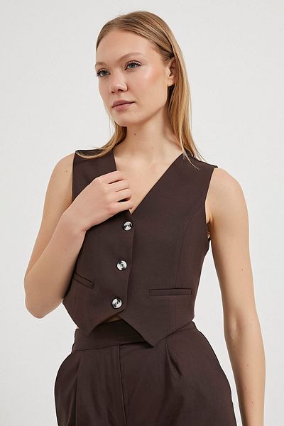 Arma Life Women's Strap Summer V-Neck Button Coffee Crop Vest