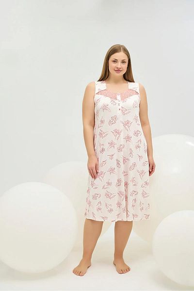 Sevim 16710 Pink Floral Oversized Large Size Thick Strap Nightgown
