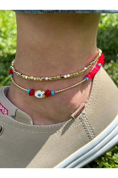 ByMerve Elegant Stylish Women's Gold Red 2 Piece Set 26 cm Bead Anklet Evil Eye Crystal