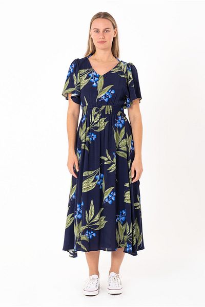 SCREENSHOT Women's 100% Woven Viscose Floral Patterned Dress / Stylish and Elegant Design / Navy Blue