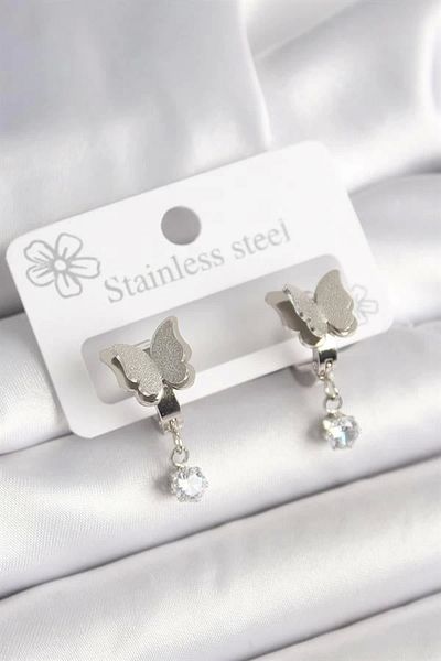 Store 316L Steel Silver Color Dangle Zircon Stone Silvery Butterfly Model Women's Earrings