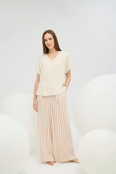 Sevim 16724 Beige Striped Polka Dot Trousers Pajama Set