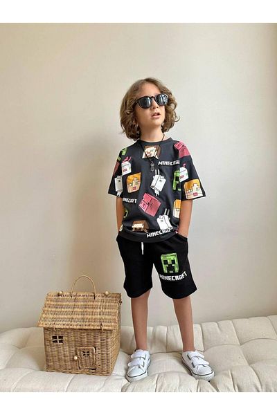 YİGİT BUTİK Yigit Butik Printed Shorts Boys' Bottom Top Set