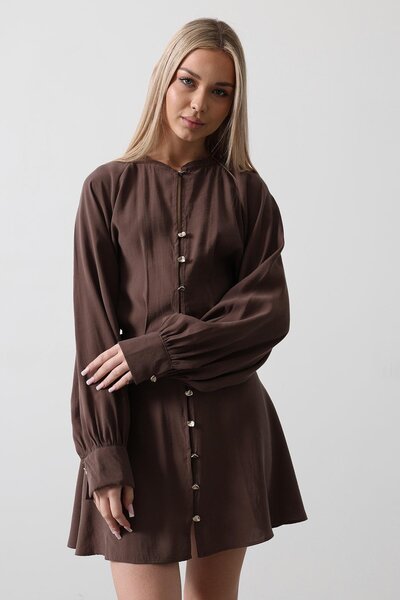 Lin Collection فستان نسائي بني مشروط بأزرار ذهبية