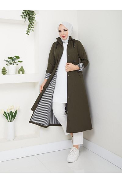 Dabenti women style Women's Ankle Striped Long Hidden Zipper (130 Size) Trench Coat
