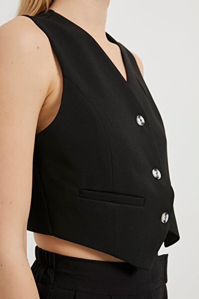 Arma Life Women's Strappy Summer V-Neck Button Black Crop Vest