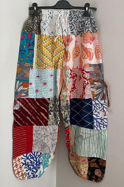 AYASOFYA OTANTIK Women's Nepalese Multi Color Ethnic Patchwork Waist and Legs Elastic Bag Pocket Loose Bohemian Loose Pants