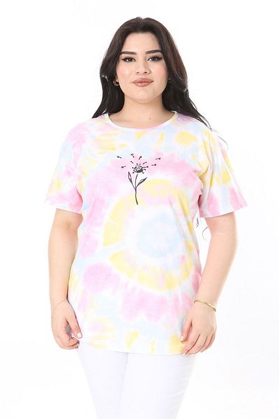 Şans Plus Size Women's Blouse - Colorful, Crew Neck, Short Sleeve 65N38006