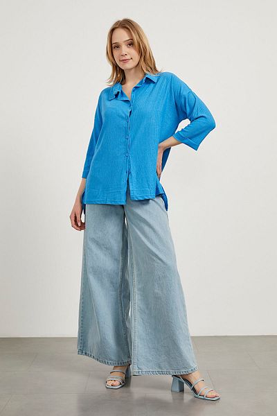 Arma Life Cămașă albastră de vară cu mânecă lungă de bază oversize pentru femei