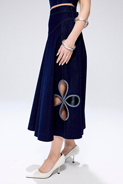 rue Navy Blue Glitter Denim Midi Skirt with Flower Detail