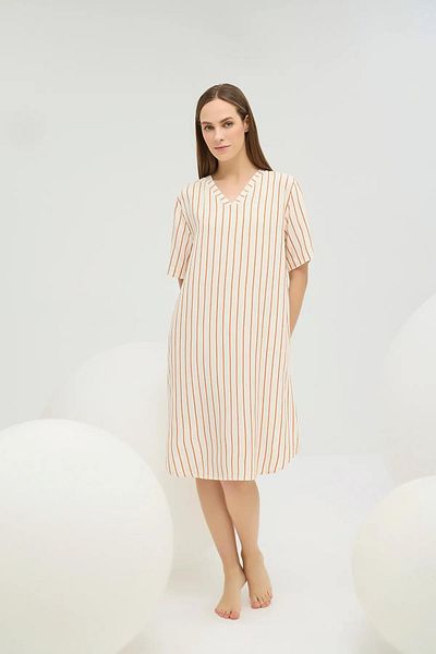 Sevim 16722 Beige Striped V-Neck Home Wear Nightgown
