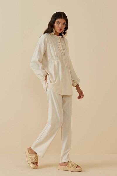 Fahhar Beige Ruffled Linen Shirt