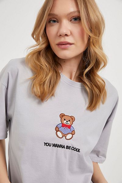 Arma Life Tricou oversize gri cu mânecă scurtă cu model ursuleț pentru femei