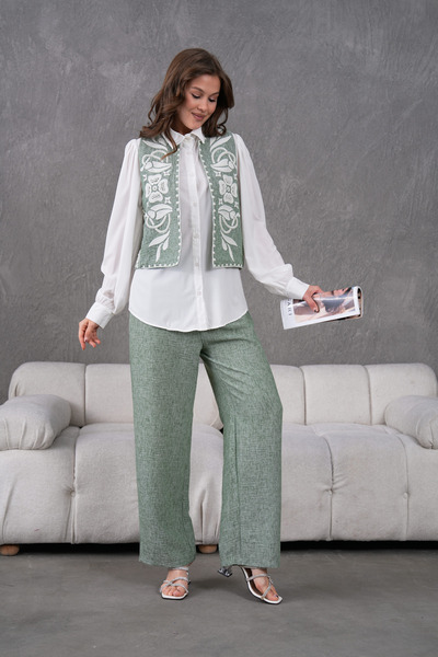 Miss Allos Women's Front and Back Embroidered Pearl and Stone Detailed Linen Vest and Pants Bottom Top Set