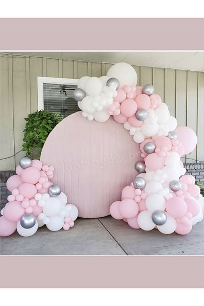 Ezgi Party Store Macaron Balloons Set - Pink White Chrome Silver Chain Ornament 100 Balloons - Birthday Concept