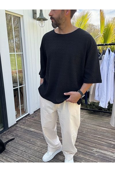 BYBASICMAN Black Floral Knit Embroidered Knitwear T-Shirt Ke-7016