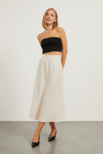 Arma Life Women's Buttoned Summer Basic Long Ecru Linen Skirt