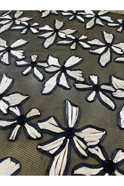 METERİAL 3D Çiçek Desenli Siyah Tül Aplikeli Dantel Kumaş (135 cm En 1 Metre)