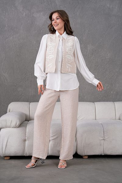 Miss Allos Women's Front and Back Embroidered Pearl and Stone Detailed Linen Vest and Pants Bottom Top Set