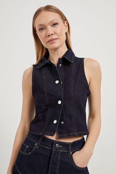 Arma Life Vestă crop pentru femei, cu guler polo, fără mâneci, albastru bleumarin
