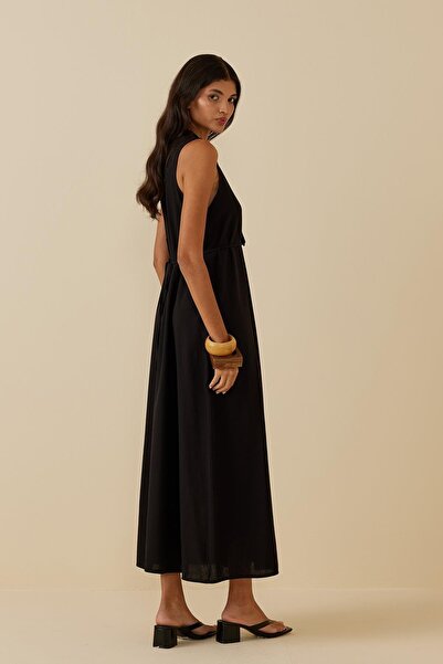 Fahhar Black Placket Linen Dress