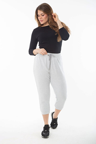 Şans Women's Large Size Gray Eyelet Lace-up Sweatpants Bottom 65N37317