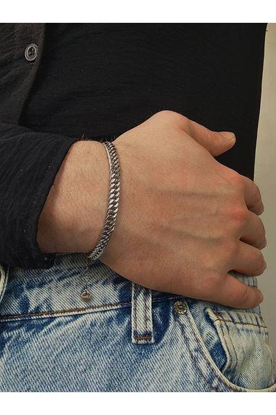 Arvens Silver Men's Chain Bracelet Women's Stainless Steel Color Non-Throw Unisex Anti-Tarnish Steel Bracelet