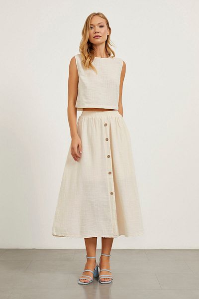 Arma Life Women's Summer Ecru Long Skirt with Elastic Waist and Buttons