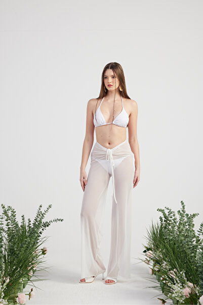 HOLLY LOLLY Waist Rope Detailed Tulle Pareo Shirred Trousers White