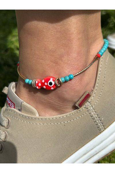 ByMerve Elegant Stylish Women's Gold Glass Fish Figured Blue 26 cm Bead Anklet