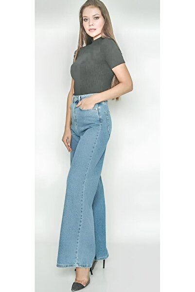 TRENDNATUREL Otilla Light Blue Lycra Extra High Waist Loose Wide Leg Palazzo Jean Trousers