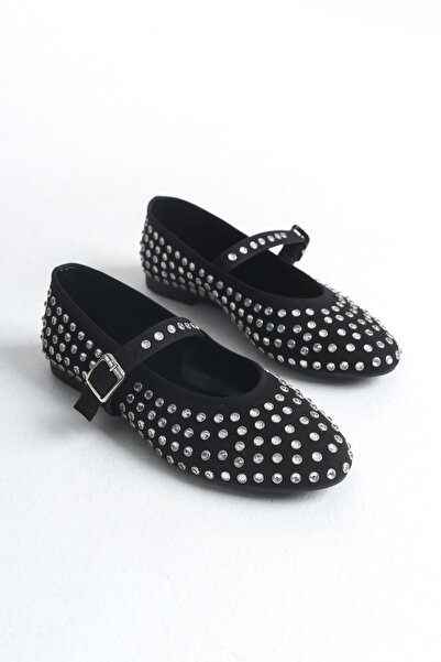 Redoxy Women's Special Design Suede Ankle Lace-Up Ballerina Shoes with Stone Detail