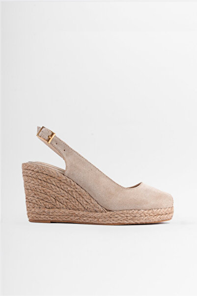 SHOEMARK Sandy Bej Gerçek Deri Süet Jüt Detaylı Burnu Açık Kadın Topuklu Sand...