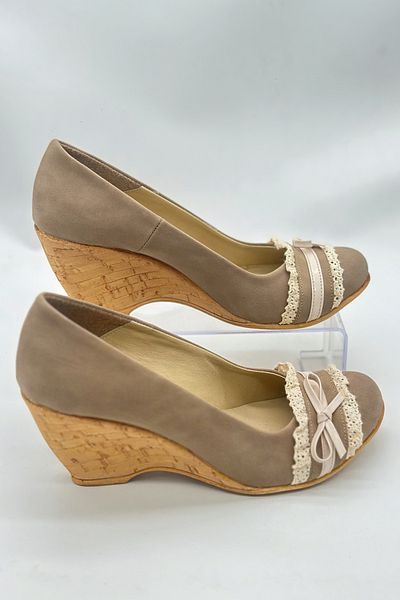 SWORD Summer Shoes - Cream Wedge Heeled Bow Detailed Comfortable High Heeled Women's Shoes