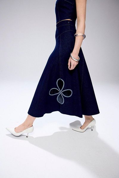 rue. Navy Blue Glitter Denim Midi Skirt with Flower Detail