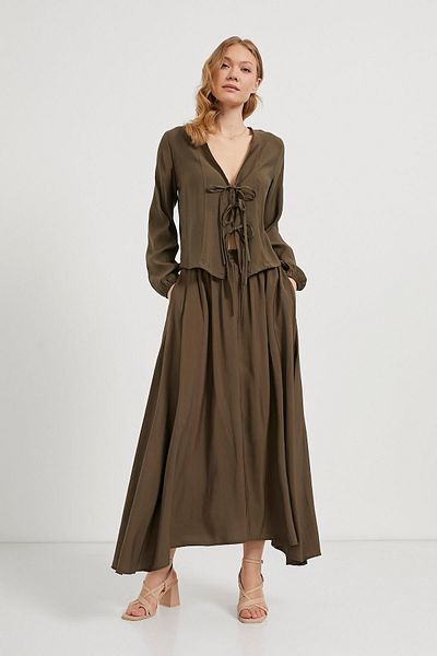 Arma Life Women's Elastic Wrinkled Summer Khaki Long Flared Skirt
