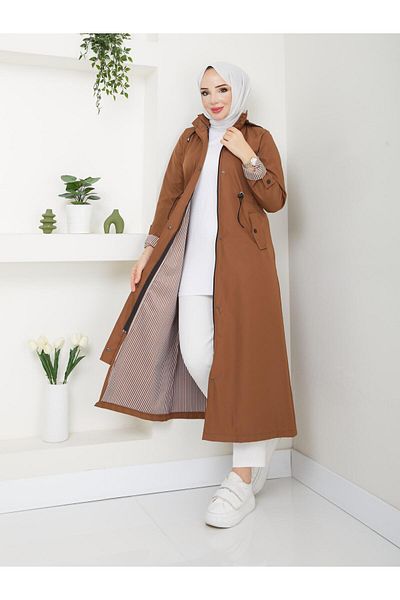 Dabenti women style Women's Ankle Striped Long Hidden Zipper (130 Size) Trench Coat