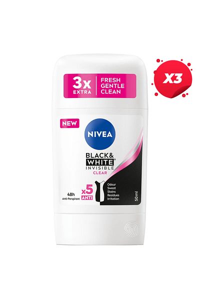 NIVEA X3 - ANTIPERSPIRANT STICK 50ML INVISIBLE BLACK WHITE CLEAR