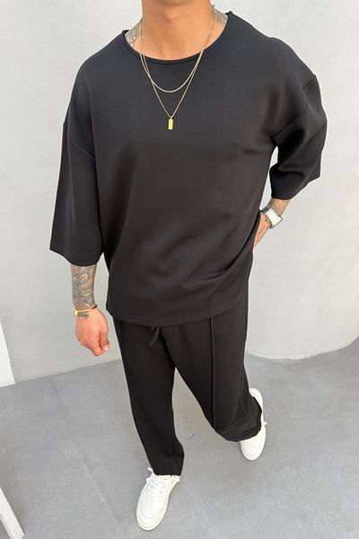 MADZEYMODA Oversize Mold Men's T-Shirt and Capri Fabric Bottom Suit Black Ke-0112