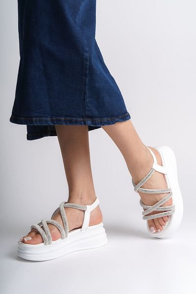 Joy Ayakkabı ELENA Elastic Stone Striped Orthopedic Sole Γυναικεία Σανδάλια BT - Λευκό