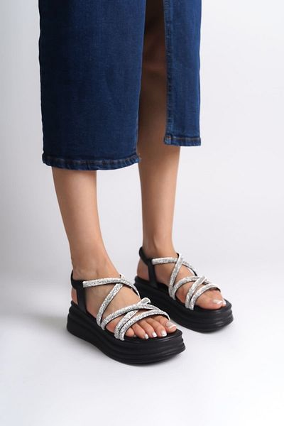 Joy Ayakkabı ELENA Elastic Stone Striped Orthopedic Sole Γυναικεία Σανδάλια ST - Μαύρο