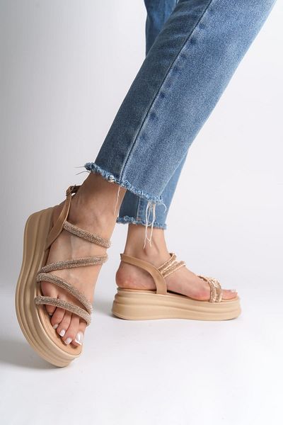 Joy Ayakkabı Riley Thin Buckle Stone Striped Orthopedic Sole Women's Sandals Tt - Tan