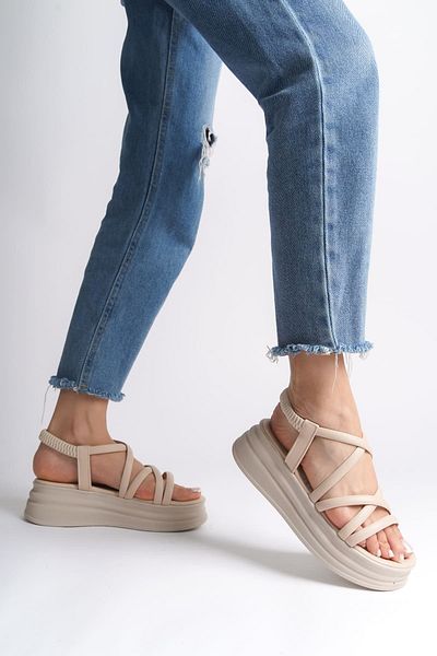Joy Ayakkabı Bella Elastic Stripe Detailed Orthopedic Sole Women's Sandals Kt - Cream