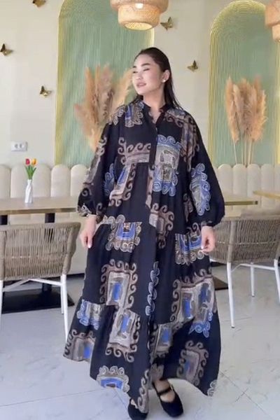 AYASOFYA OTANTIK Women's Navy Blue Button Detailed Placket Collar Ethnic Balloon Sleeve Loose Long Dress