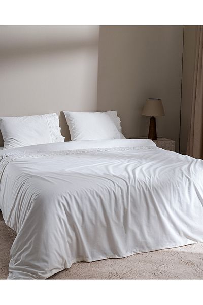 Madame Coco Modena King Size 100% Cotton Embroidered Duvet Cover Set - White