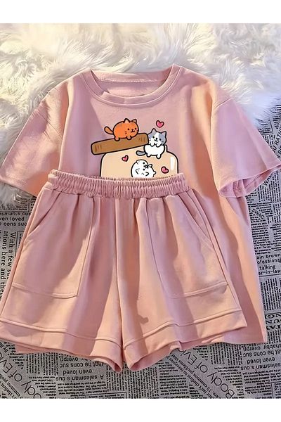 PENTHİLUS Girls Summer Shorts Set - Fashion Casual Sportswear 2 Pieces Short Sleeve Tops
